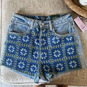 Crochet denim shorts